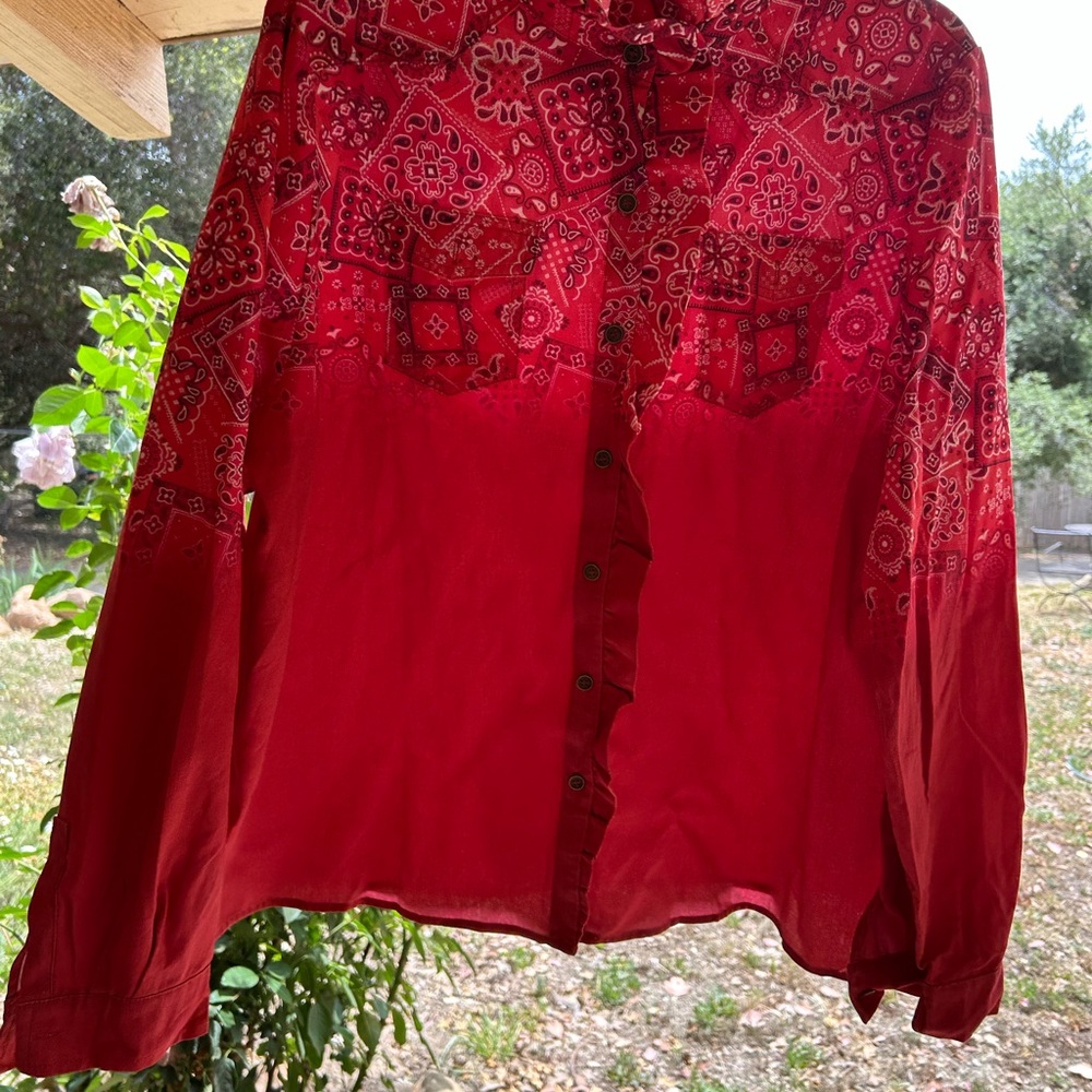 Red Paisley Bandana Print Prairie Top Western Style Women's Top